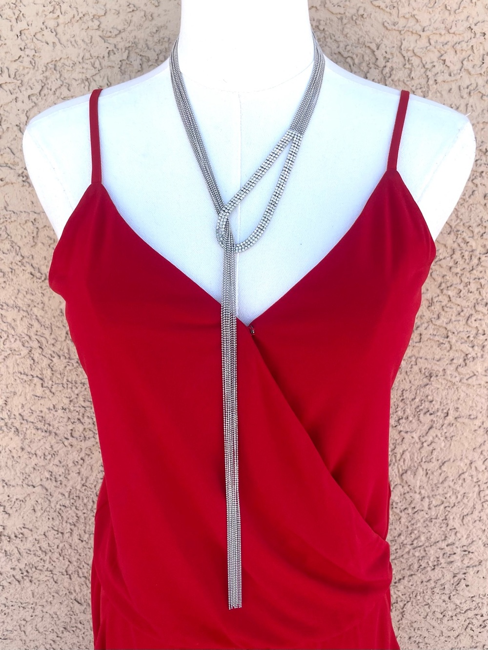 Silver Mesh Lariat Necklace Rhinestone Tassel Statement Piece